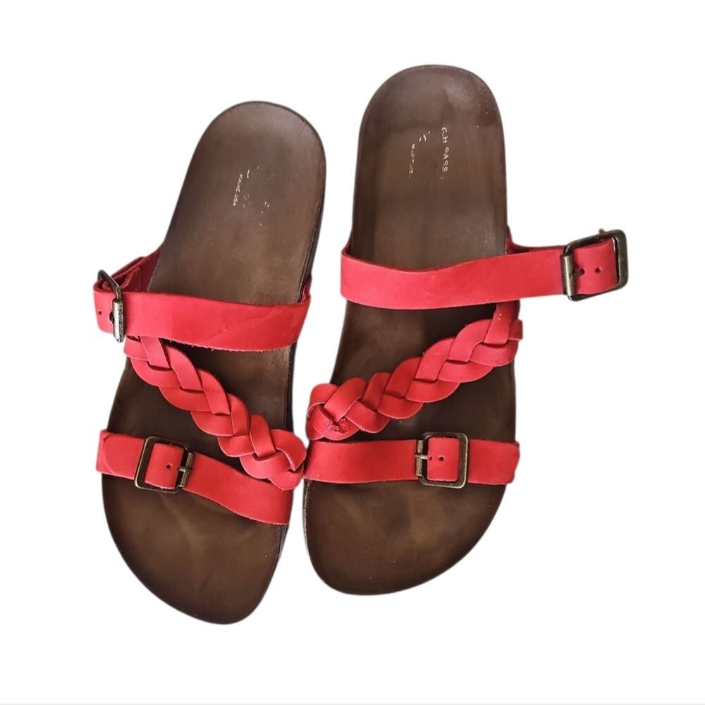 G.H. Bass Red Leather Sandals 7.5 Braided Straps Cork Footbed Comfort Slide